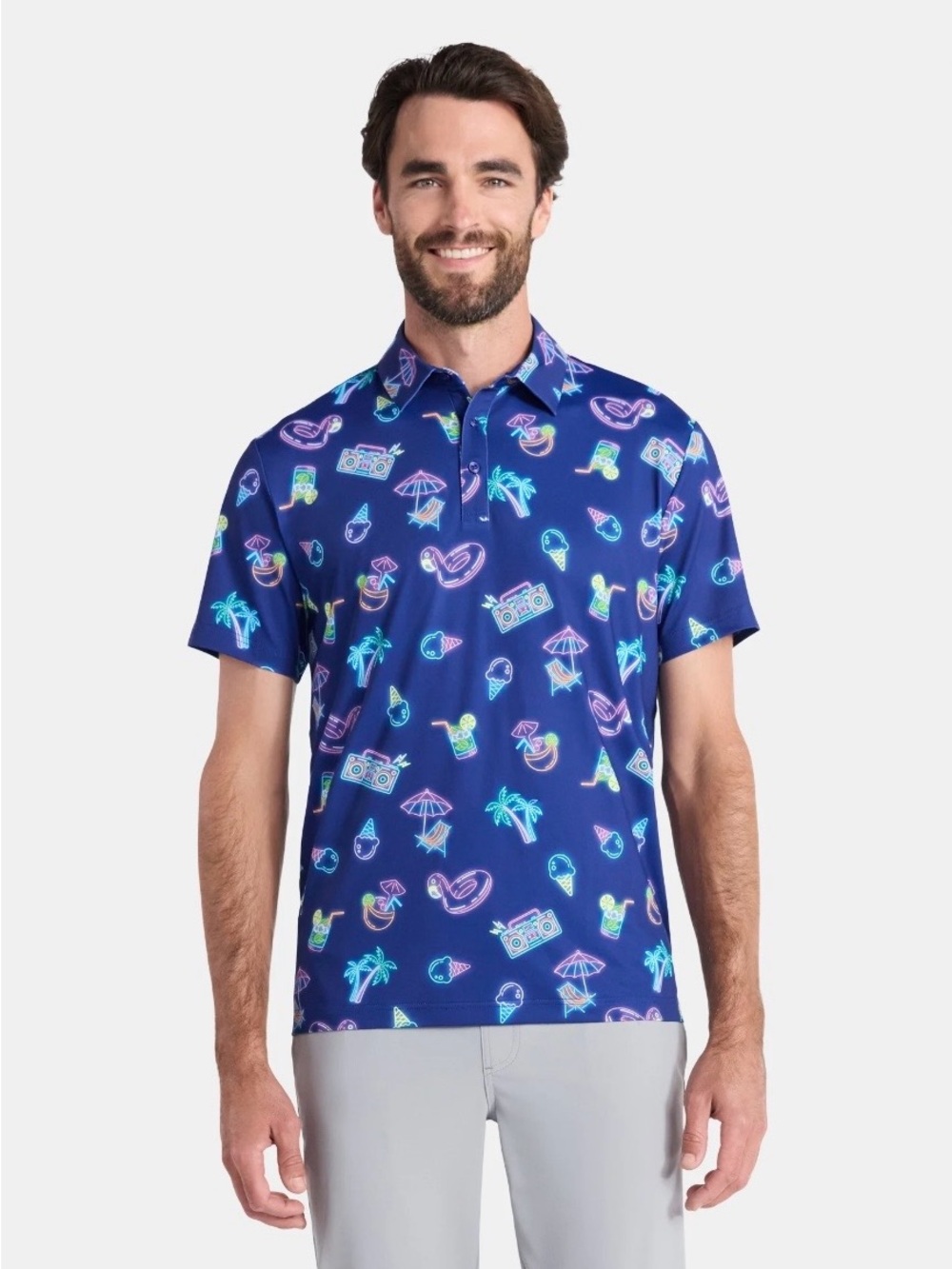 Birdie Bound Bold Navy Neon Novelty Print Polo Shirt
